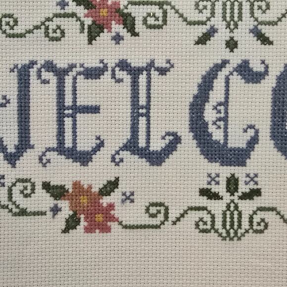 Cross Stitch "Welcome" Handmade Wooden Serving Tray 16x11 Shabby Cottagecore - Picture 12 of 13